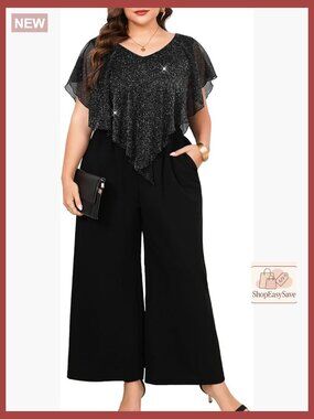 Sparkly Mesh Pant Suit V Neck Wide Leg Evening Party Wear Plus Size